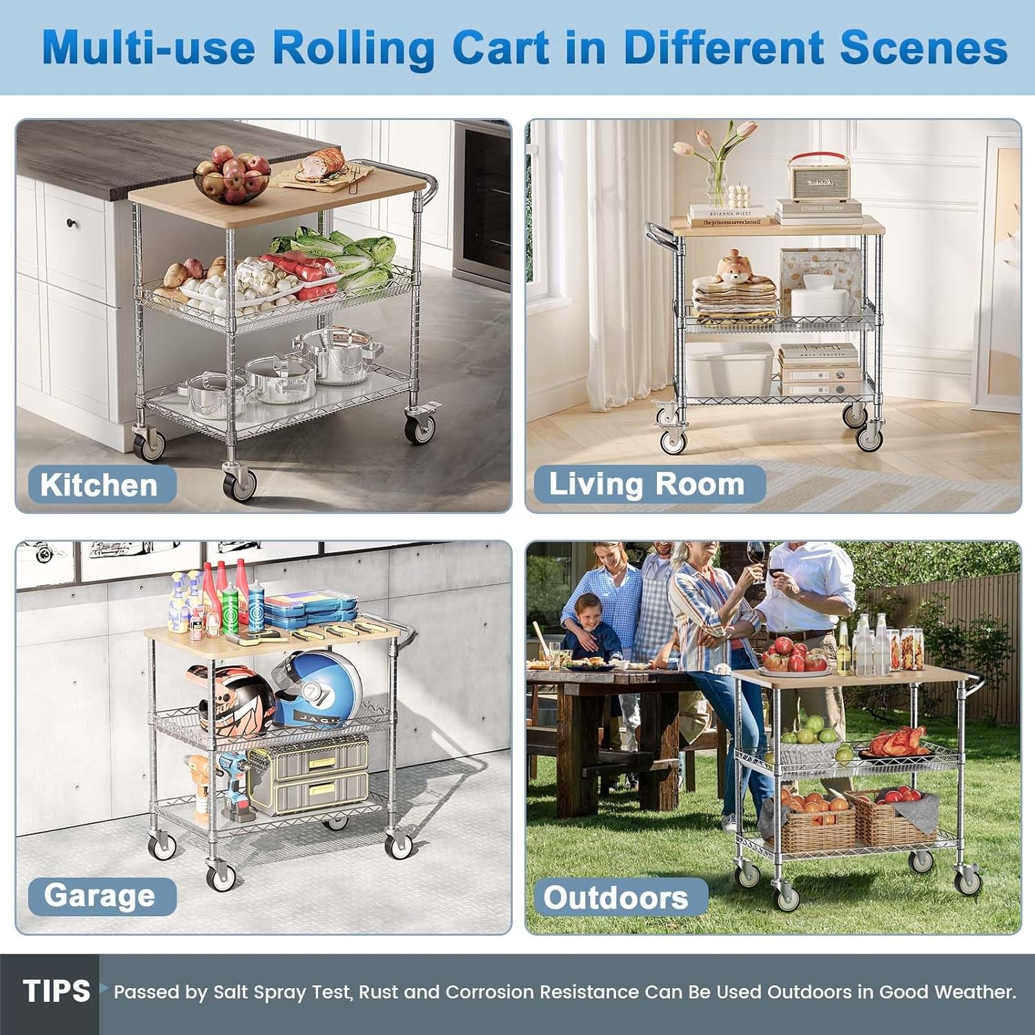 Rolling Kitchen Carts with Wheels, 34" L X 17.5" W, 3-Tier Heavy Duty Utility Cart with Wood Tabletop, NSF Commercial Metal Serving Cart with Handle and Shelf Liner for Kitchen, Chrome