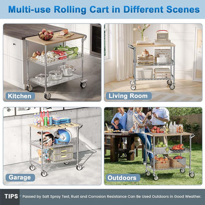 Rolling Kitchen Carts with Wheels, 34" L X 17.5" W, 3-Tier Heavy Duty Utility Cart with Wood Tabletop, NSF Commercial Metal Serving Cart with Handle and Shelf Liner for Kitchen, Chrome