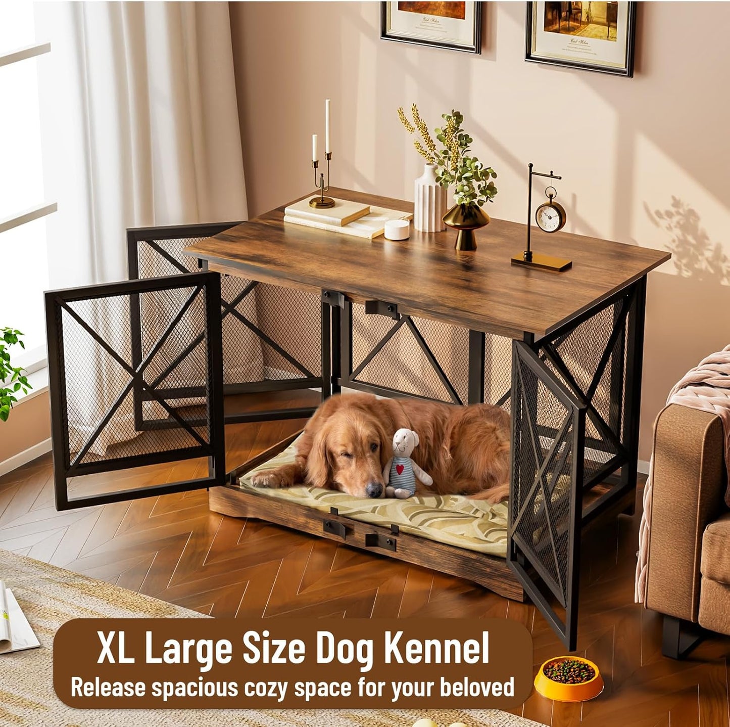 Dog Crate Furniture, 48 Inch Dog Crates for Medium/Large Dogs, Farmhouse Wood Dog Kennel Indoor Heavy Duty Dog Cage with Caster Wheels (Gray)