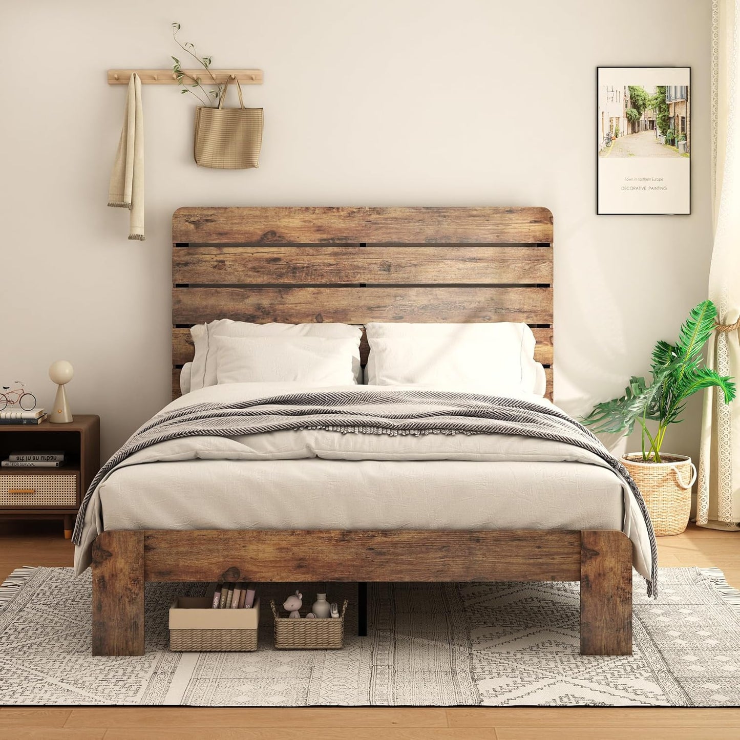 Queen Size Wooden Bed Frame with Headboard, Rustic Farmhouse Style Sturdy Bedframe with Wooden Slat Support, Noiseless, Easy to Assemble, No Spring Mattress Required. (Light Brown, Queen)