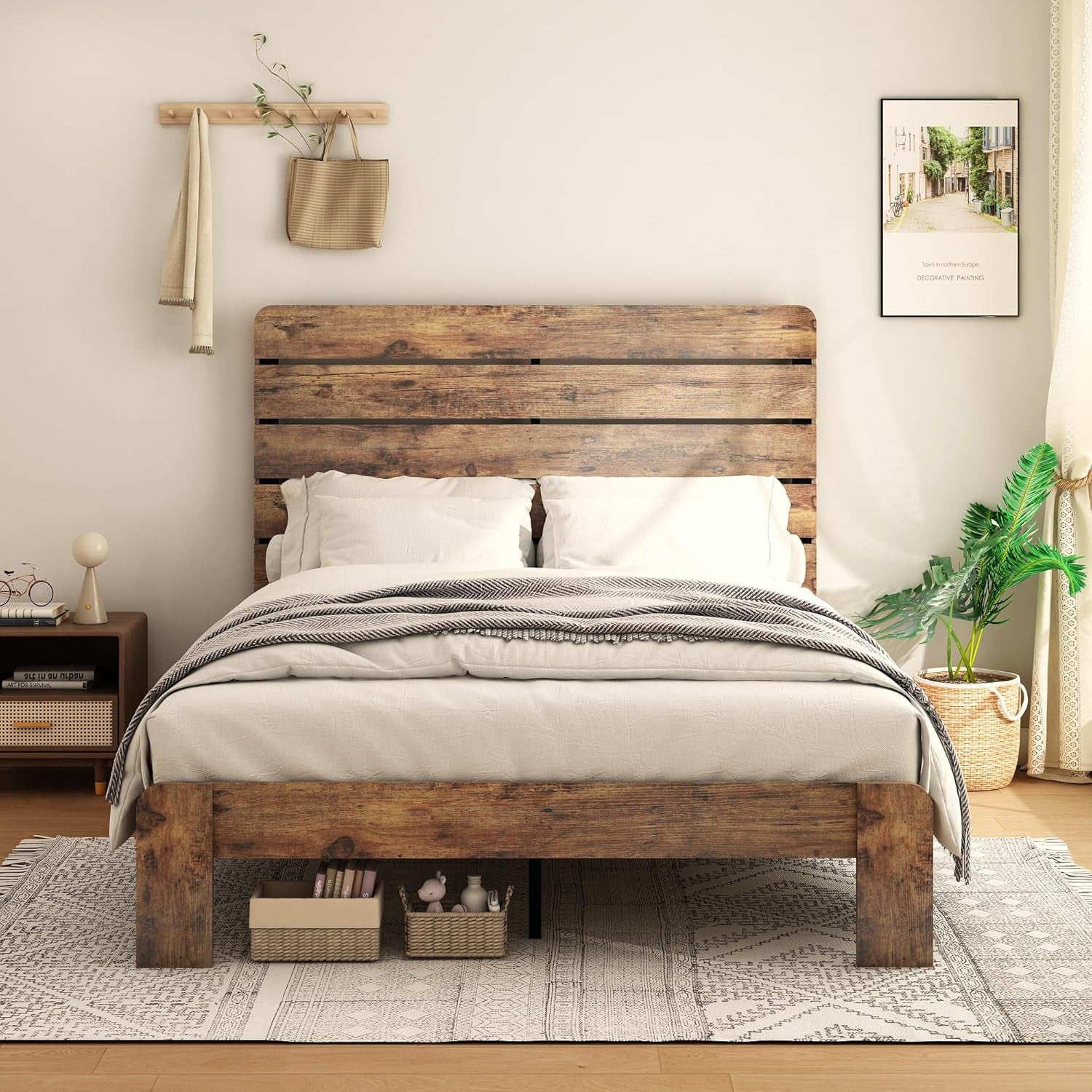 Queen Size Wooden Bed Frame with Headboard, Rustic Farmhouse Style Sturdy Bedframe with Wooden Slat Support, Noiseless, Easy to Assemble, No Spring Mattress Required. (Light Brown, Queen)