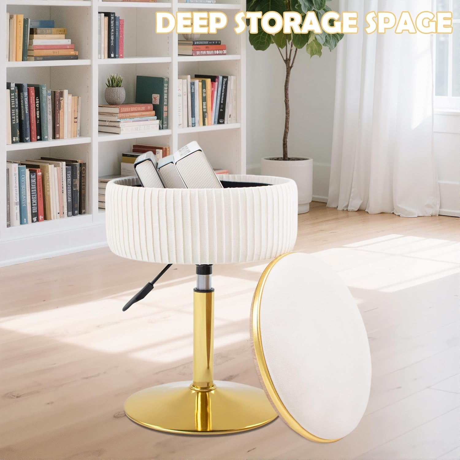 Adjustable Vanity Stool with Storage, 360° Swivel Makeup Stool Chair Small Velvet round Ottoman with Gold Base for Bedroom (Beige)