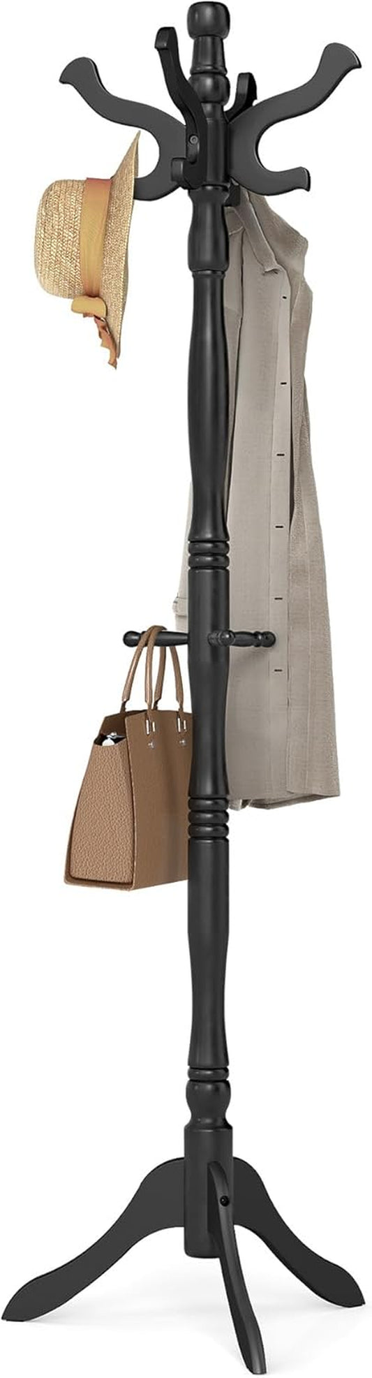 Coat Stand, Solid Wood Freestanding Coat Rack with 11 Hooks, Hall Tree for Bags, Purses, Hats, for Entryway, Hallway, Rubberwood, Ink Black URCR005B01