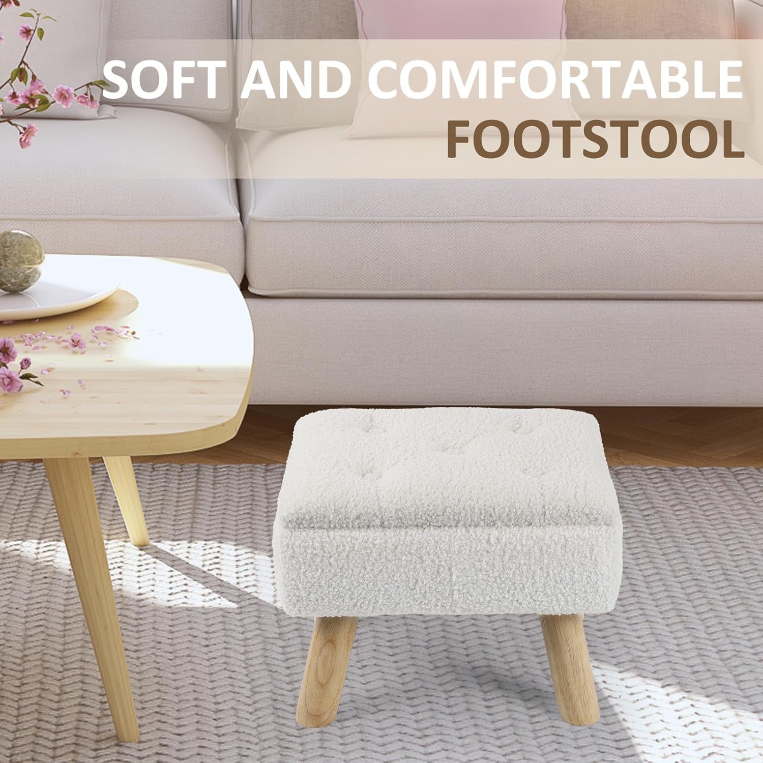 Storage Ottoman, Small Foot Stool Ottoman with Storage, Boucle Teddy Velvet Foot Rest with Padded Seat, Sturdy Wood Legs Stool for Living Room, Bedroom, Couch, Enterway (Cream)