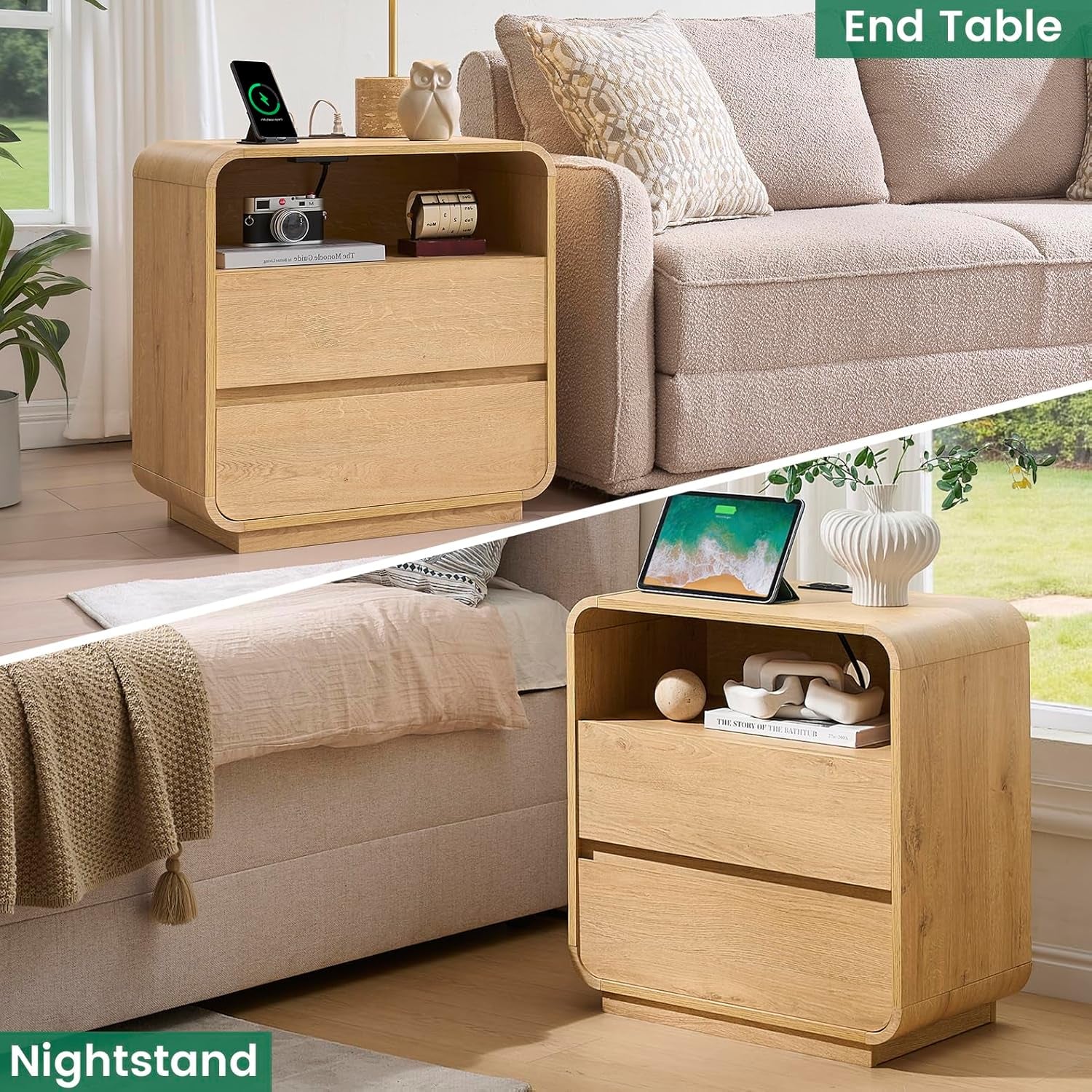 Modern Nightstand Set of 2, 23.2" Large Wood Bedside Table with Charging Station & Curved Profile, 2 Storage Drawers Side Table, Mid-Century End Table Night Stand for Bedroom Sofa Natural