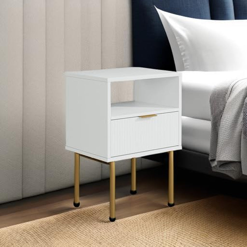 Nightstand,Mid-Century Modern Bedside Table with Storage Drawer and Open Wood Shelf,Small Gold Frame Side Table for Bedroom,Living Room,White