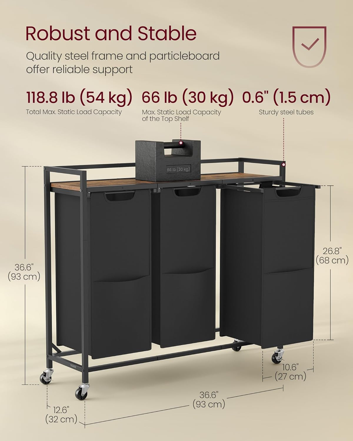 Laundry Sorter, 29 Gal. (110 L) Laundry Hamper Basket with 2 Compartments, Rolling Cart with Wheels, Shelf, Removable Bags, Pockets, Slate Gray and Charcoal Gray UBLH021G01
