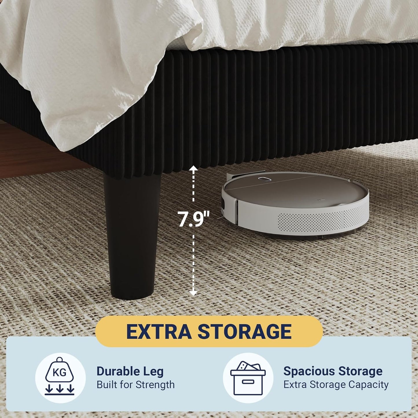 Queen Size Upholstered Bed Frame with Vertical Channel Tufted Headboard, Soft Corduroy Fabric Platform Bed, Strong Wooden Slats Support, Easy Assembly, No Box Spring Needed, Black