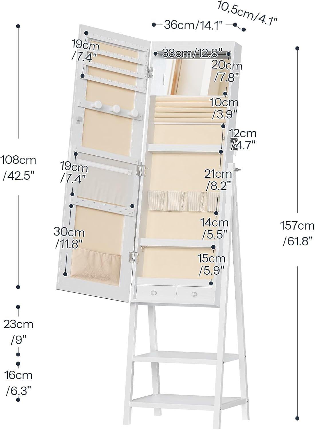 Standing Jewelry Cabinet with LED Lights, Jewelry Organizer with Storage Shelves, Full Length Mirrored Jewelry Armoire, Lockable Cosmetics Storage Cabinet, Makeup Brush Boxes, White