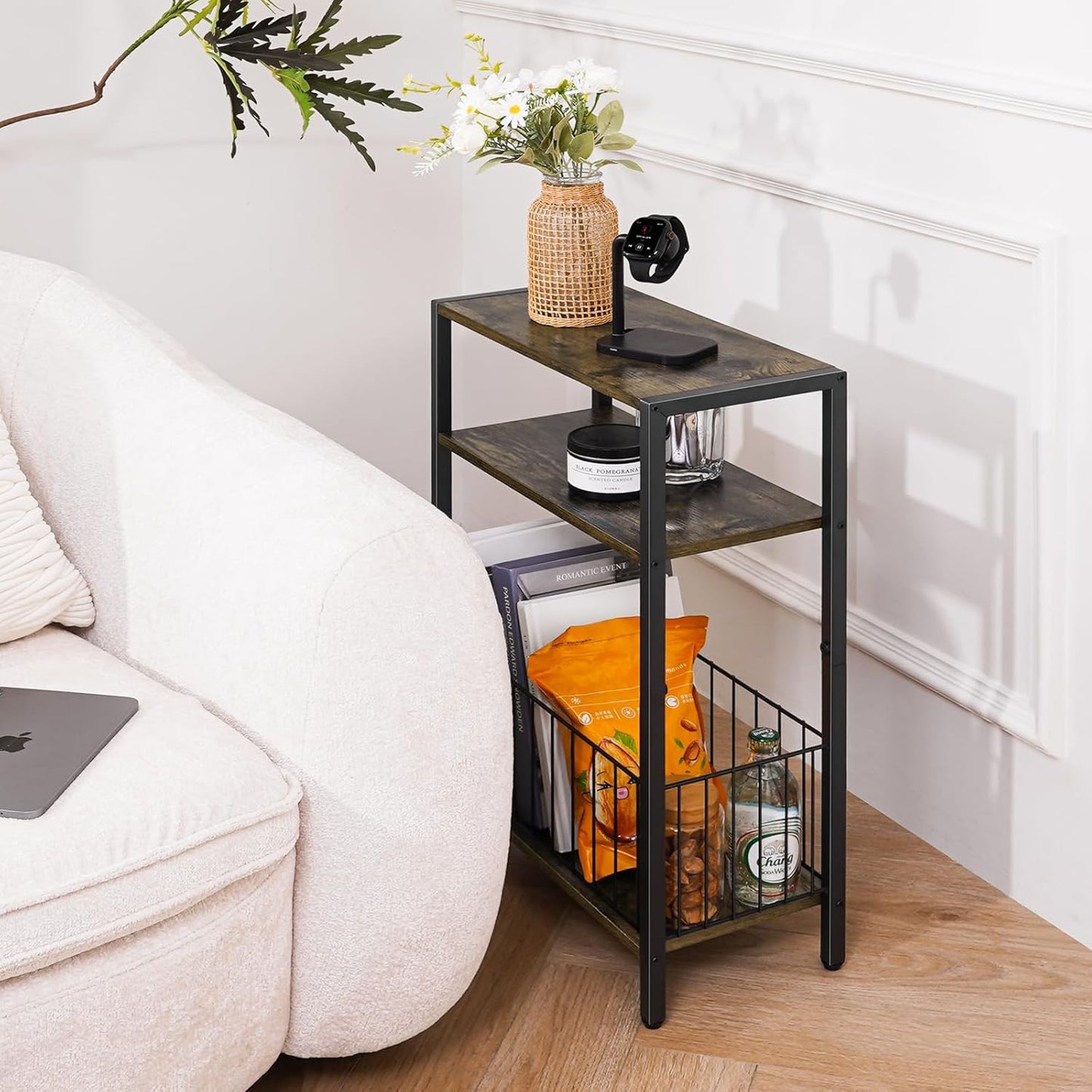 Narrow Side Table with Storage Basket, Small End Table for Small Spaces Skinny Side Tables Living Room Bedroom, Slim Nightstand 3 Tier Bedside Table Space-Saving for Magazine, Rustic Brown