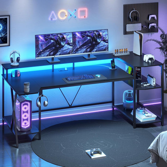 Gaming Desk 70.8'' with LED Lights and Storage Shelves, Computer Desk with Monitor Stand, Power Outlets and Cup Holder, Large PC Gamer Desk, Gaming Table for Bedroom, Living Room, Black