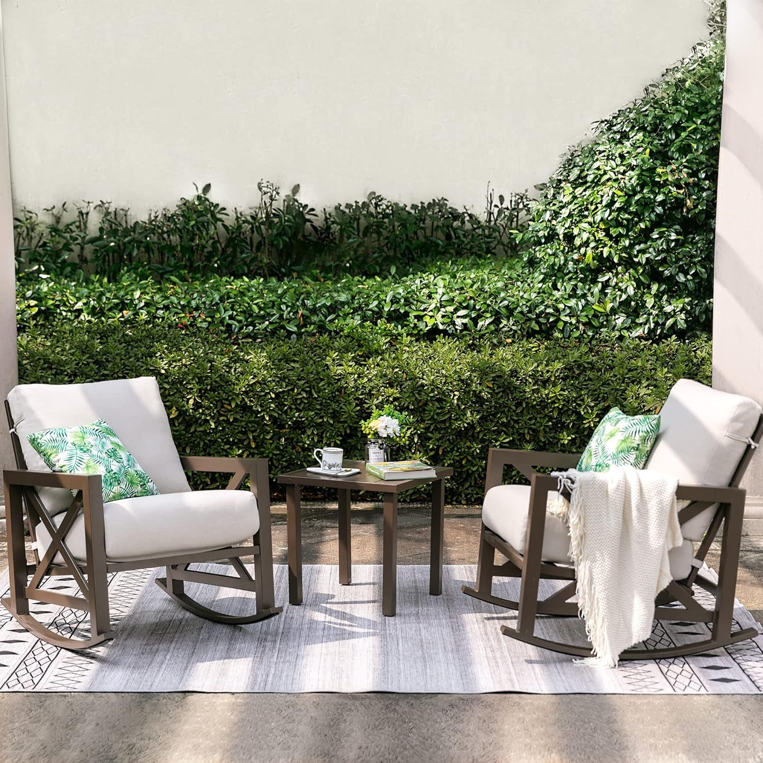 Rocking Bistro Set, 3 Piece Outdoor Patio Conversation Furniture Set with 2 Rockers and 1 Metal Coffee Table with Thick Cushions,2 Pack Patio Chair Covers Waterproof