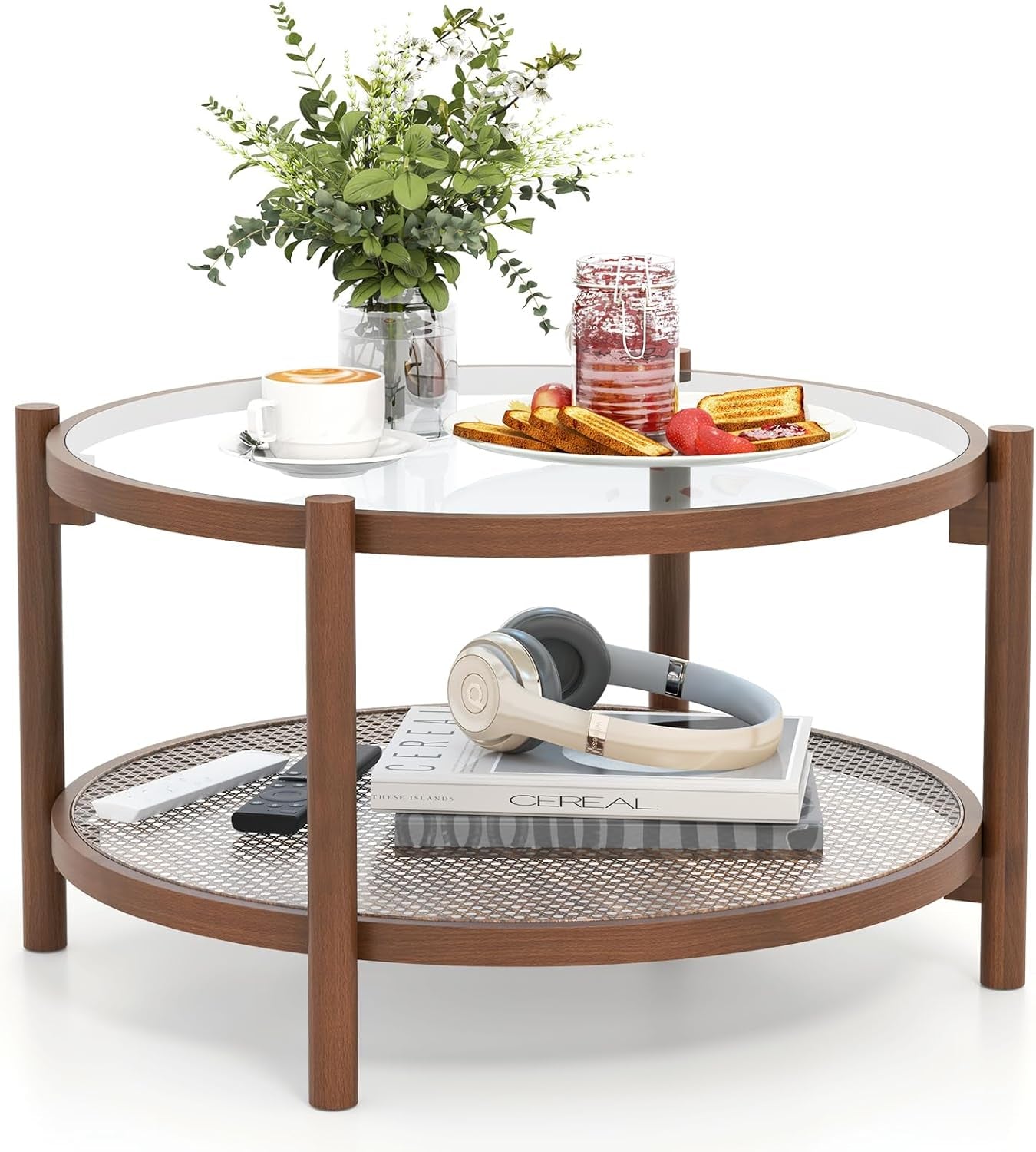 Rattan Coffee Table, Boho round Glass Tea Table with PE Rattan Storage Shelf & Wood Frame, 2 Tier Accent Center Table for Living Room, Apartment, Small Space