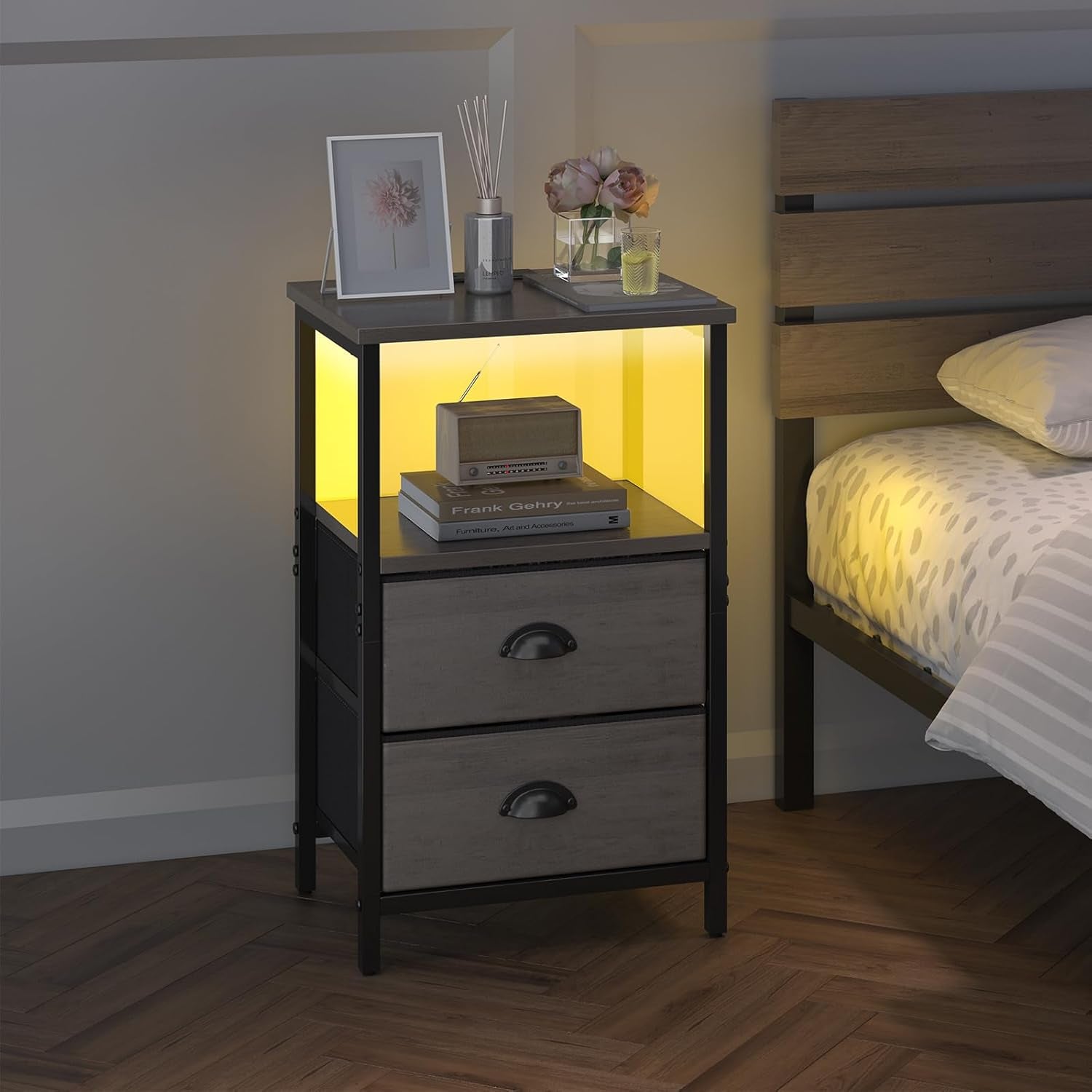 Nightstand with Charging Station, LED Night Stand Set of 2, Bedside Table End Table with Drawer, Bedroom Tables with 2 Fabric Drawers, 3-Tier Storage Side Table for Bedroom,Grey