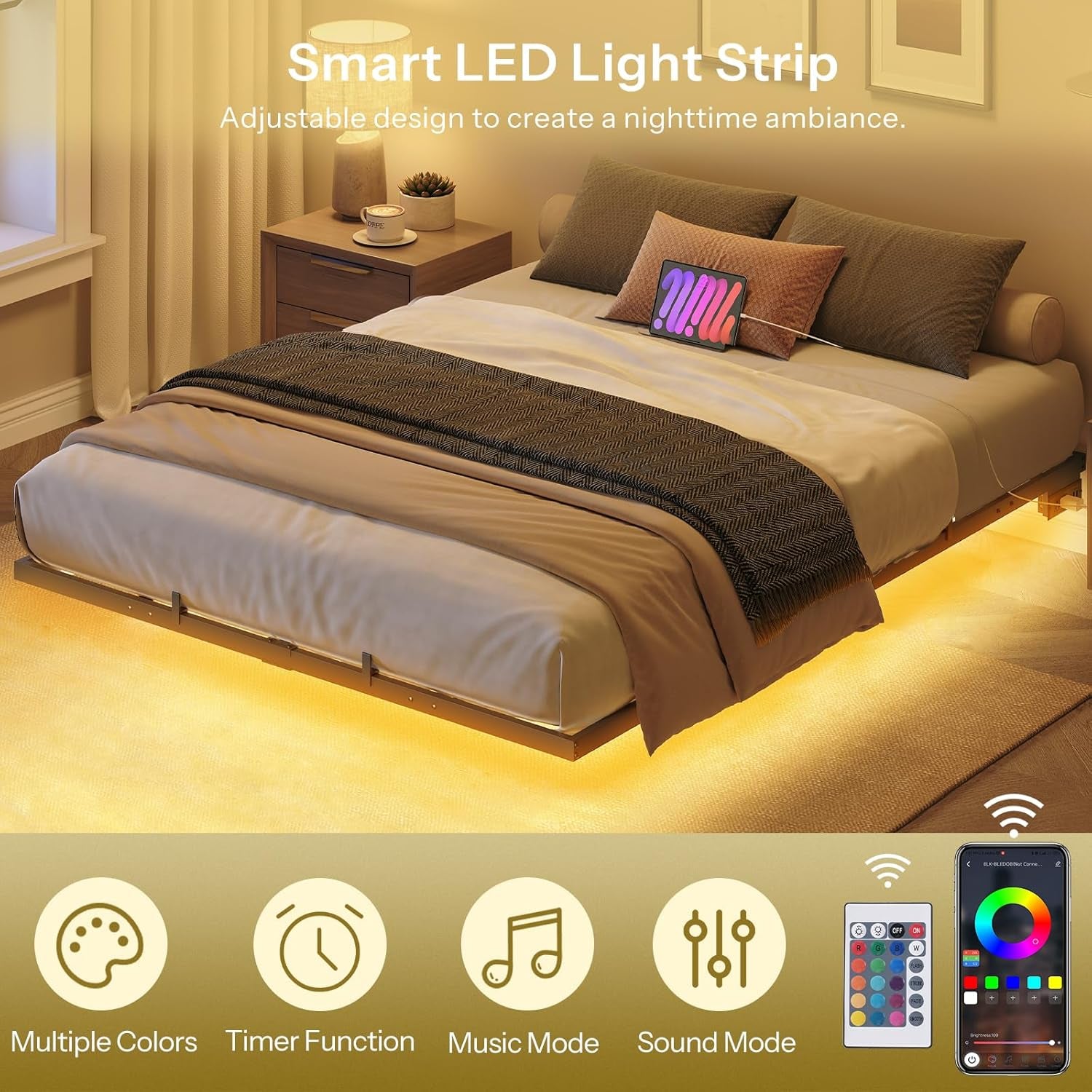 Floating Bed Frame Full Size, Bed Frame with Charging Station and LED Lights, Industrial Style Metal Platform Full Bed, Soundless, No Box Springs Needed, Black