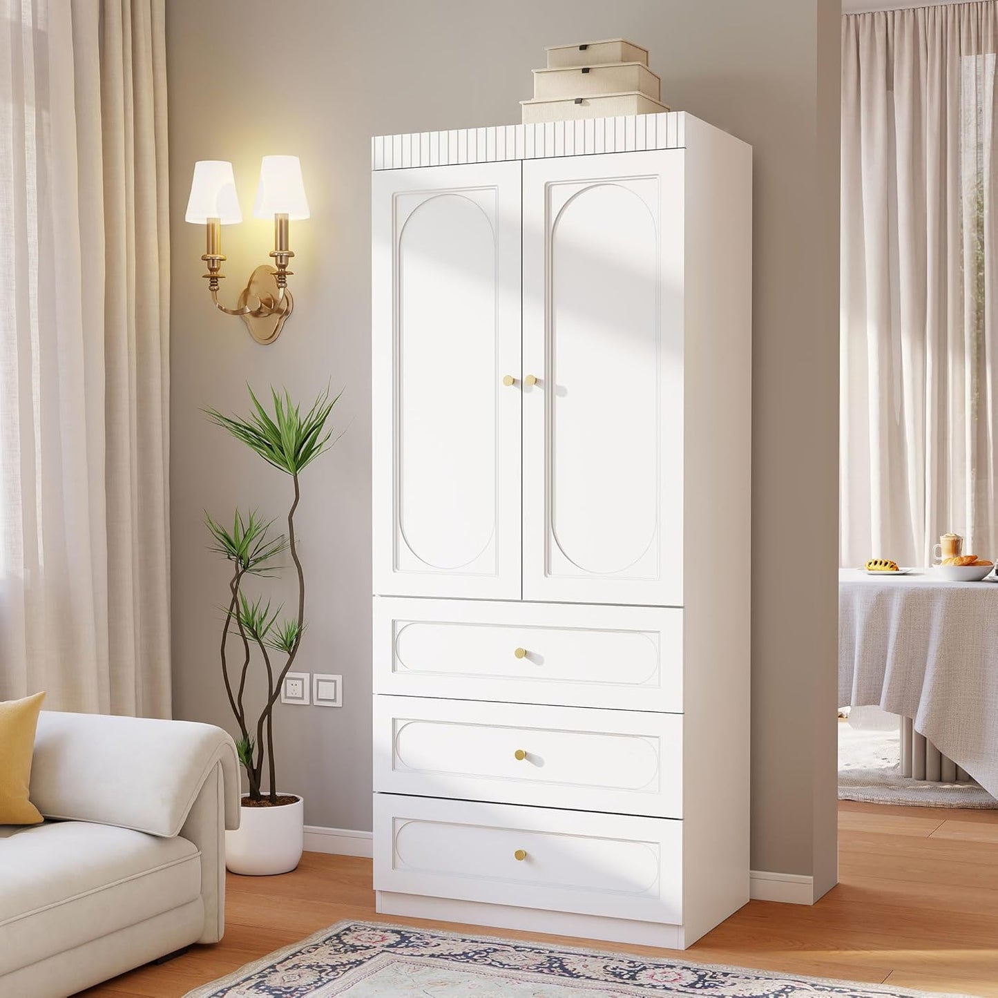 Wooden Wardrobe Closet with Doors: 75" Tall White Armoire Wardrobe Closet with 3 Drawers and 2 Doors, Modern Clothes Cabinets for Bedroom Armoires with Hanging Rod (3-Drawers, 31.5")