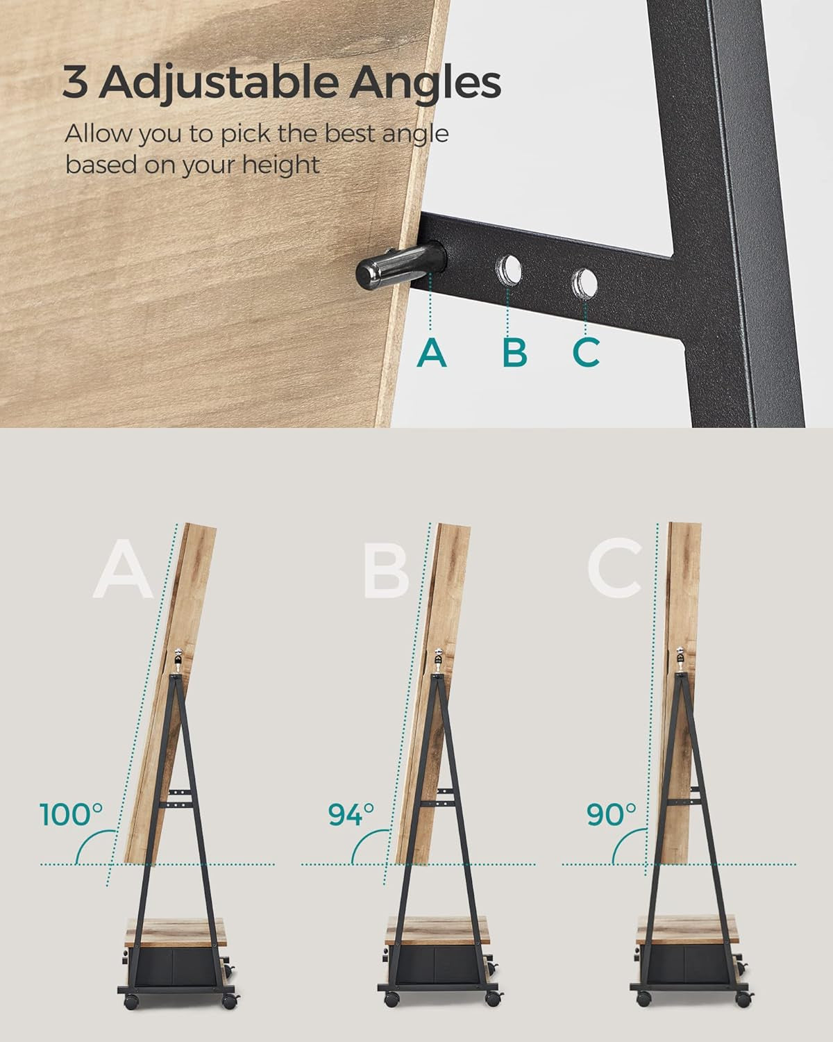 Jewelry Cabinet Floor Standing, Lockable Jewelry Organizer with High Full-Length Mirror, Bottom Drawer, Shelf, Wheels, Jewelry Armoire, Gift Idea, Toasted Oak Color and Black UJJC004N01