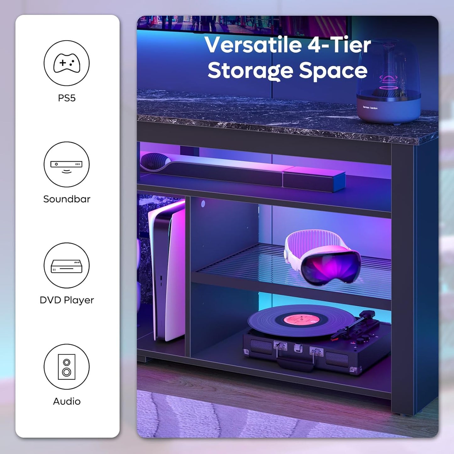 TV Stand for 70 Inch TV, Tall Entertainment Center with 2 Led Lights, Gaming TV Console with Storage for PS5, Modern TV Cabinet for Bedroom, Living Room, Black Marble