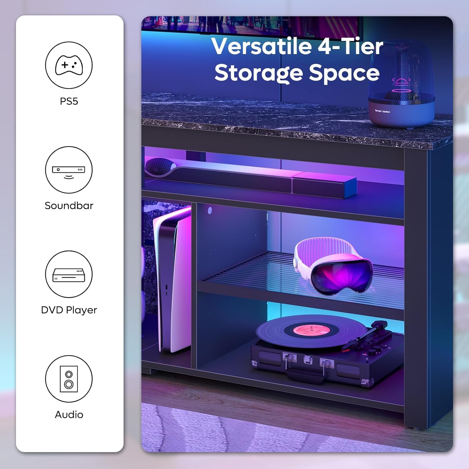TV Stand for 70 Inch TV, Tall Entertainment Center with 2 Led Lights, Gaming TV Console with Storage for PS5, Modern TV Cabinet for Bedroom, Living Room, Black Marble