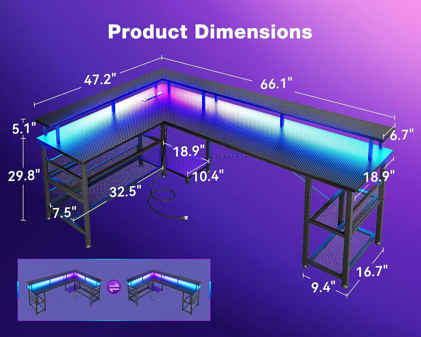 66" L Shaped Gaming Desk with Power Outlet and LED Lights, PC Gaming Table with Carbon Fiber Texture, Reversible L Shape Desk with Storage Shelves & Monitor Stand, Home Office Desk, Black
