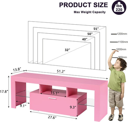 Modern Lighting 51 Inch TV Stand with Large Storage Drawer for 32 40 50 55 Inch Tvs, TV Console with 20 Color LED Lights, Entertainment Center Media and Open Shelf for Bedroom, Pink