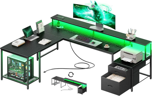 66 Inch L Shaped Computer Desk with Power Outlets and LED Lights, Home Office Desk with Fabric Drawers and Print Stand, L Shape or Long Set Up, Monitor Stand, Mesh CPU Stand, Black