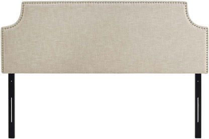 Laura Linen Fabric Upholstered Queen Size Headboard with Nailhead Trim in Beige