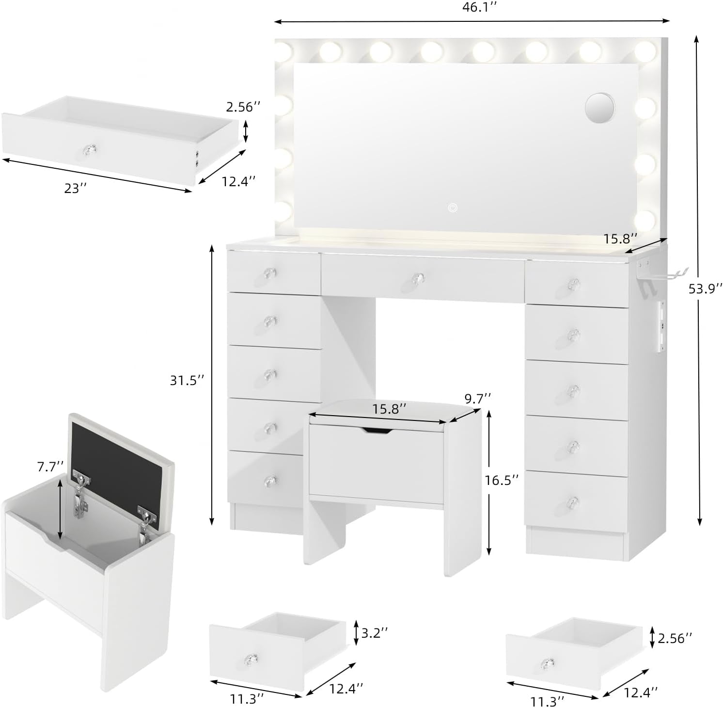 Vanity with Lighted Mirror - Makeup Vanity Desk with Glass Top and 11 Drawers, 3 Color Lighting Modes Adjustable Brightness, 46" Vanity Table with Soft Cushioned Stool for Bedroom, White