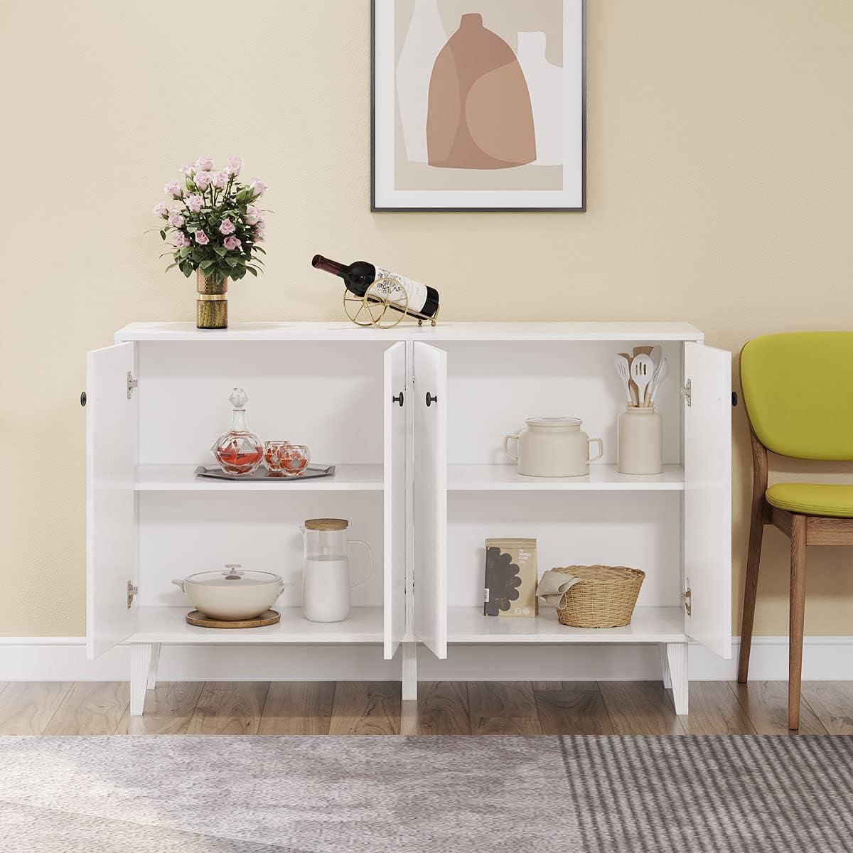 Sideboard Buffet Cabinet Kitchen Storage Cabinet Living Room 4 Doors Console Table (White)