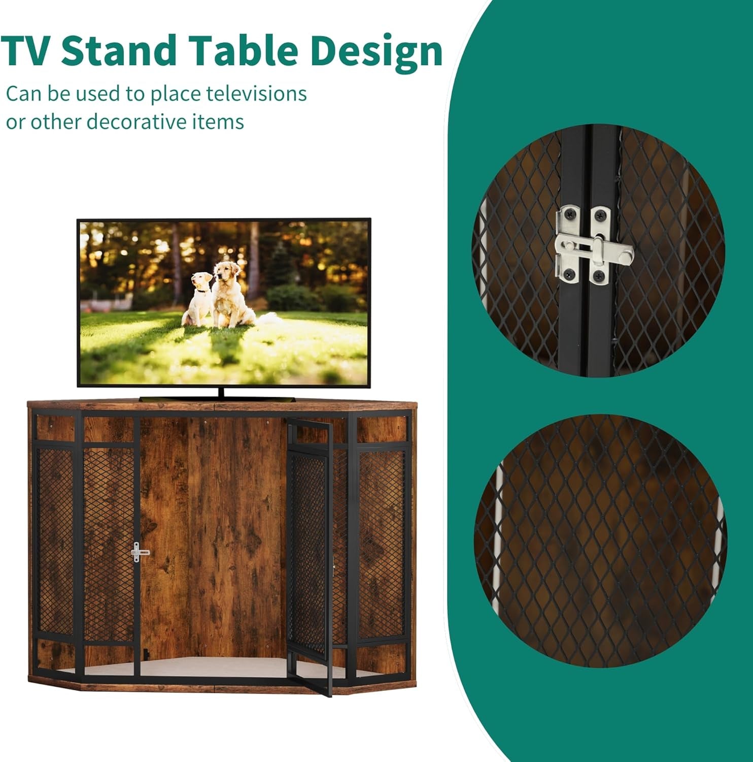 52" Corner Dog Crate Furniture, Wooden Dog Kennel with Dog Cushion, Dog Kennel Corner Wooden End Table for Small Medium Large Dogs, Brown