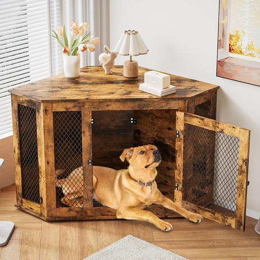 Corner Dog Crate Furniture,52 Inch Decorative Pet Crate with Metal Mesh,Wooden Dog Kennel Indoor Use for Small Medium Dogs,Dog House TV Stand,Perfect for Limited Room,Brown