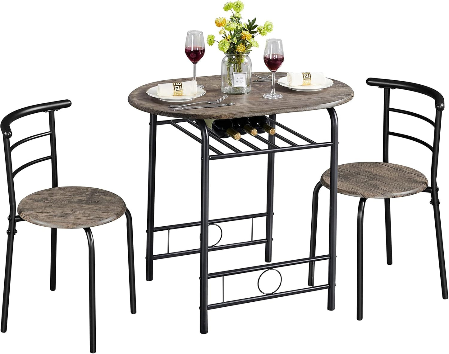 3 Piece Dining Table Set, Kitchen Table & Chair Sets for 2, Compact Bistro Table Set with Steel Legs, Built-In Wine Rack for Small Space, Apartment, Breakfast Nook, Drift Brown
