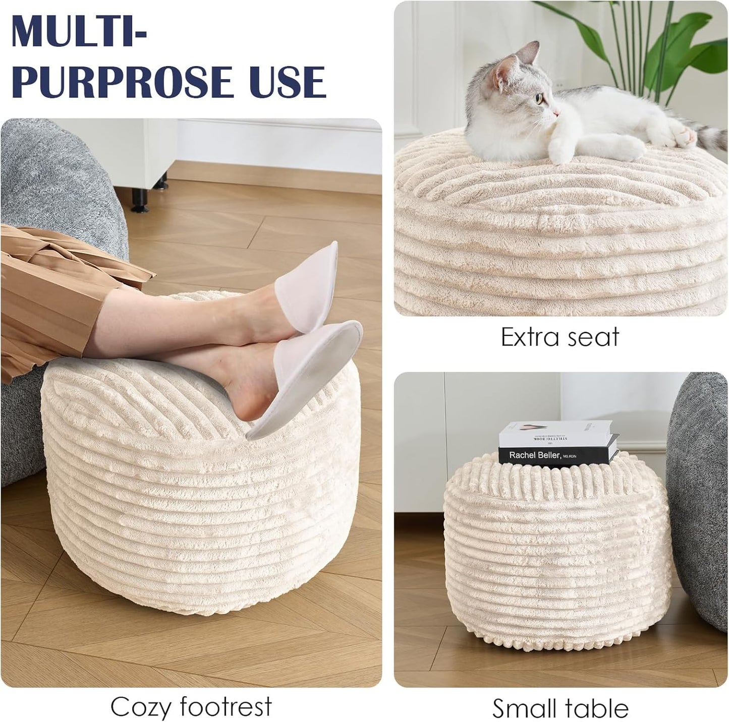 Round Pouf Ottoman,Corduroy Poufs with Memory Foam Filling for Foot Rest,Soft Footstool for Living Room,Office,20"X 17",Beige