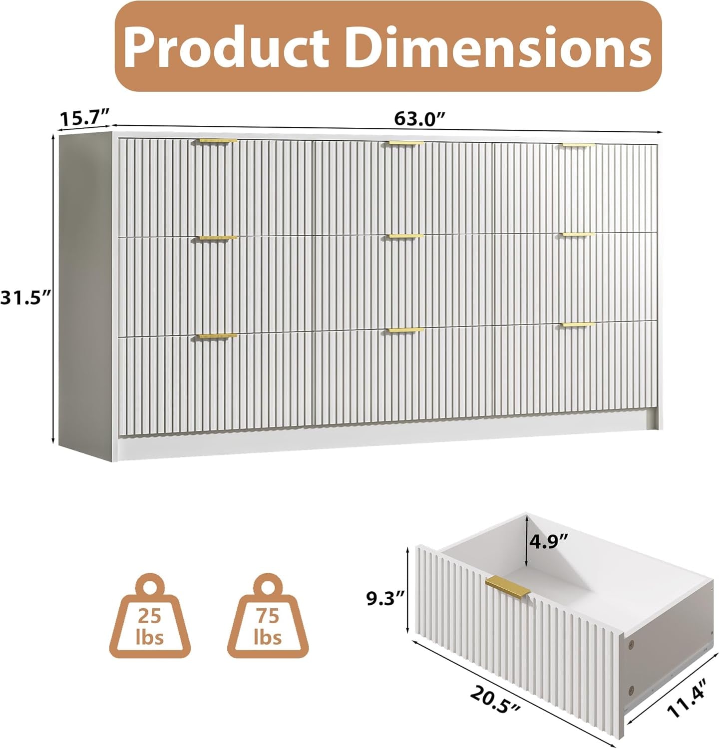 3-Piece Dresser Bedroom Set, 9 Drawer Dresser & 2 Drawer Nightstands with Gold Handles, Fluted Wood Chest of Drawers for Bedroom, Living Room, Entryway, White