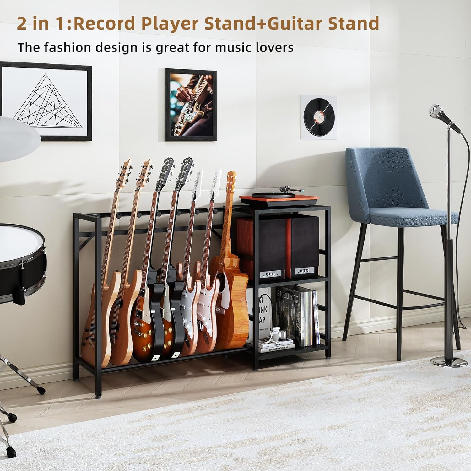 Record Player Stand with Guitar Stand, Record Player Table with Guitar Rack, Guitar Holder 7 Space for Multiple Guitars, Bass, Acoustic, Guitar Display for Home Music Studio, Black
