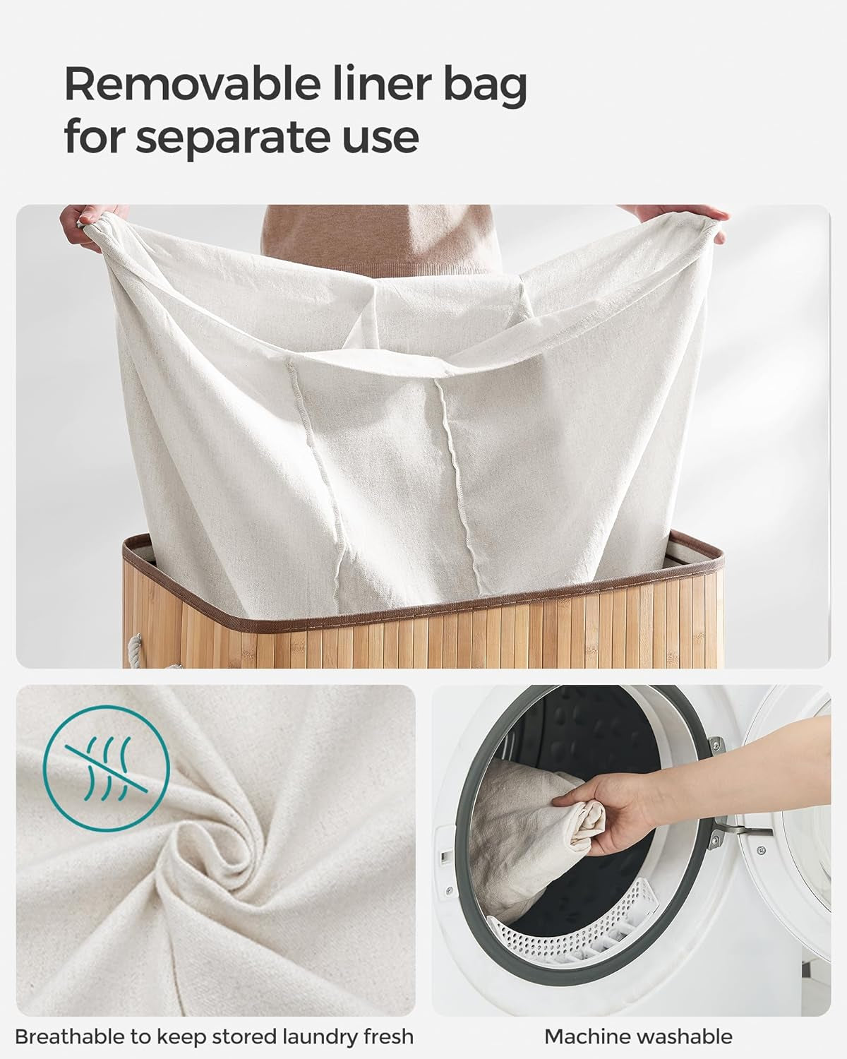 Laundry Hamper, 39.6 Gallons (150L), 3-Section Laundry Basket, Laundry Hamper with Lid, Bamboo, Foldable, Removable and Machine Washable Liner, for Laundry Room, Bedroom, Natural ULCB091N01