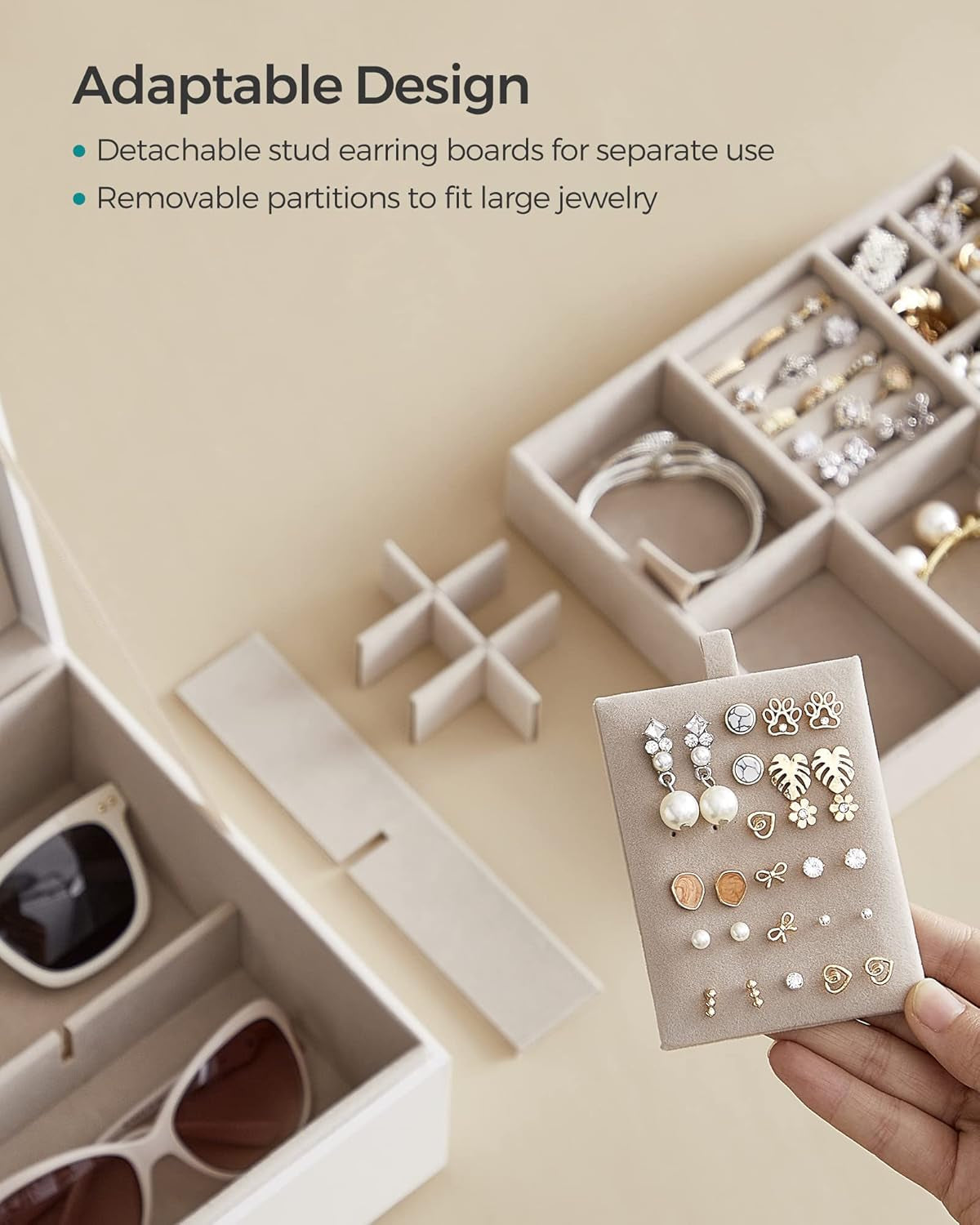 2-Layer Jewelry Box Bundle with Jewelry Holder, Jewelry Organizer with Handle, Floating Effect, Jewelry Display Stand with Metal Frame, White and Pale Gold UJBC165W01 and UJJS028A01