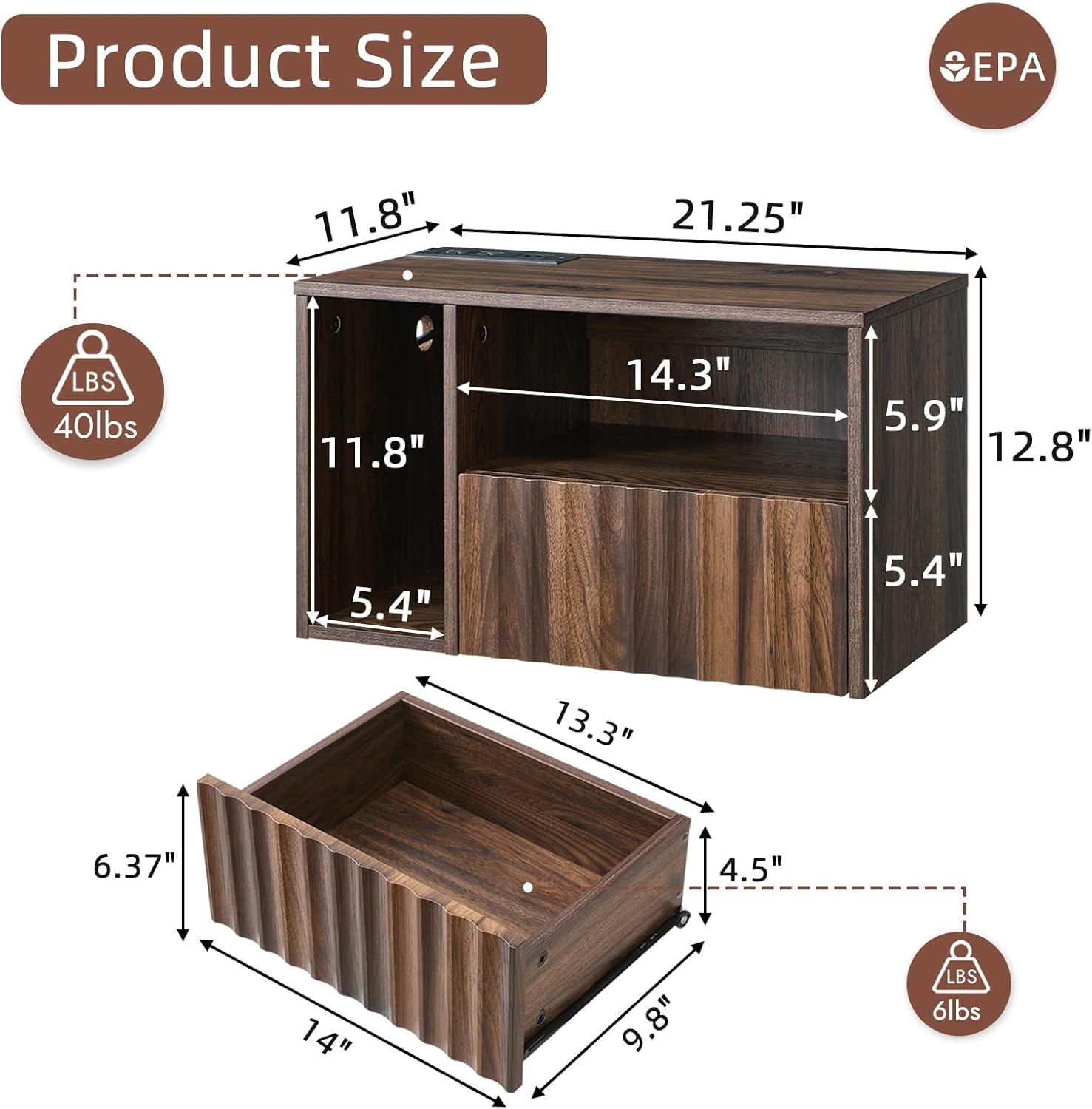 Floating Nightstand with Charging Station, Walnut Fluted Wall Mounted Nightstand with Drawers, Bedside with USB Ports and Outlets, Bedroom Furniture (Set of 2)
