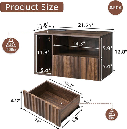 Floating Nightstand with Charging Station, Walnut Fluted Wall Mounted Nightstand with Drawers, Bedside with USB Ports and Outlets, Bedroom Furniture (Set of 2)