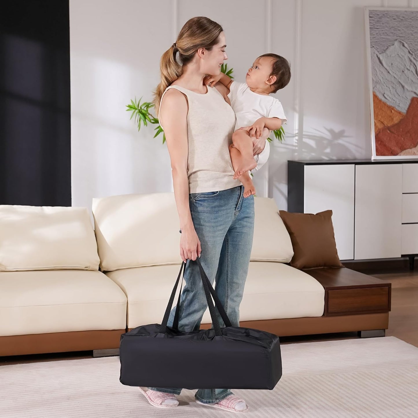 Portable Crib Baby Playpen with Mattress and Carry Bag Grey