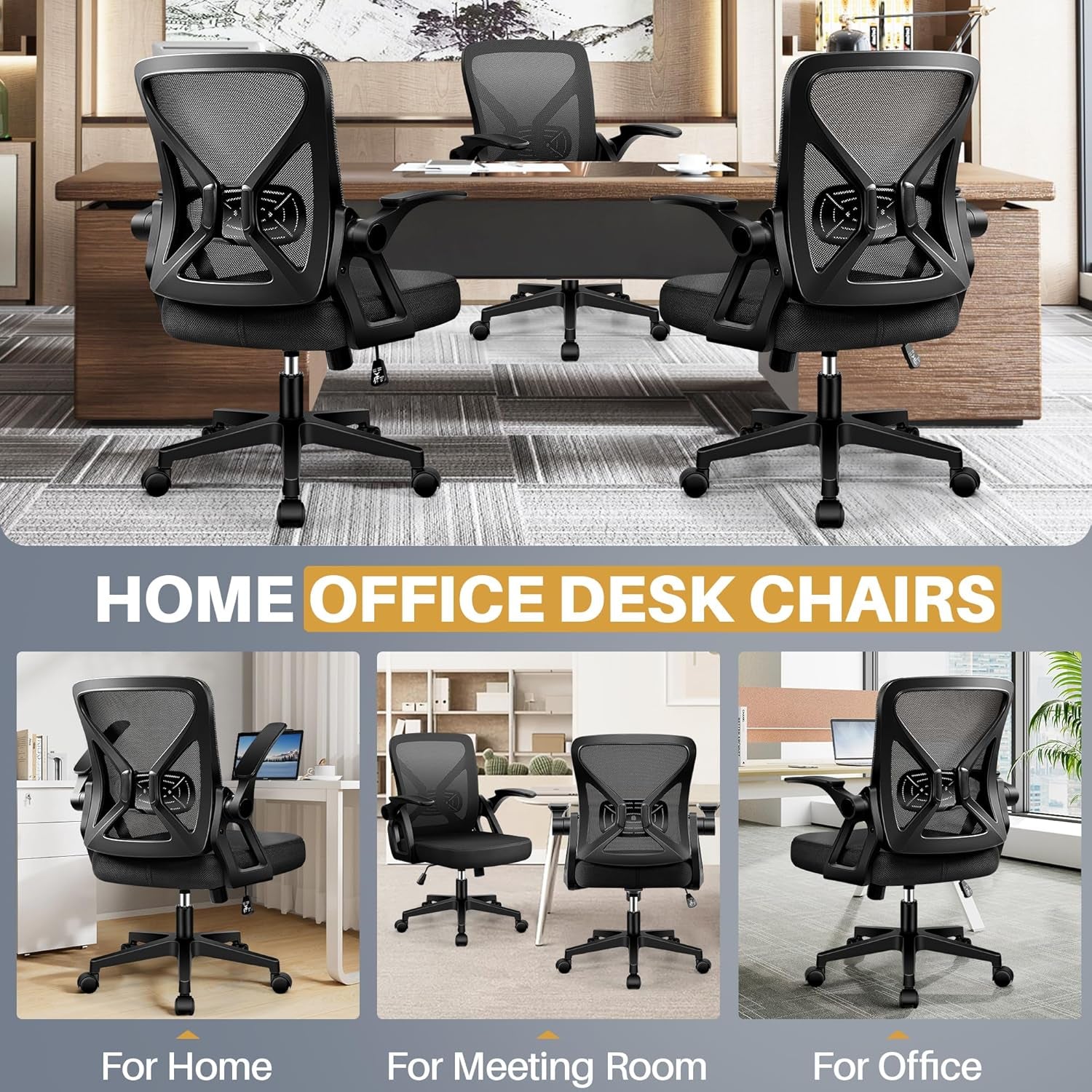 Office Chair - Ergonomic Desk Chair Breathable Mesh Task with Wheels and Lumbar Support Home Desk Office Chairs with Flip up Armrest Rolling Swivel for Home Computer Black