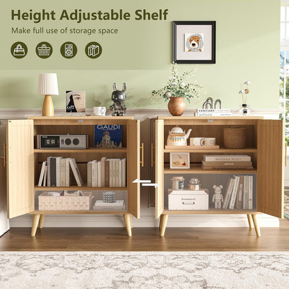 Rattan Buffet Cabinet with Storage, Boho Buffet Table with Adjustable Shelf and Solid Wood Legs, Accent Sideboard with Doors, Floor Cabinet for Kitchen, Dining Room and Living Room, Natural