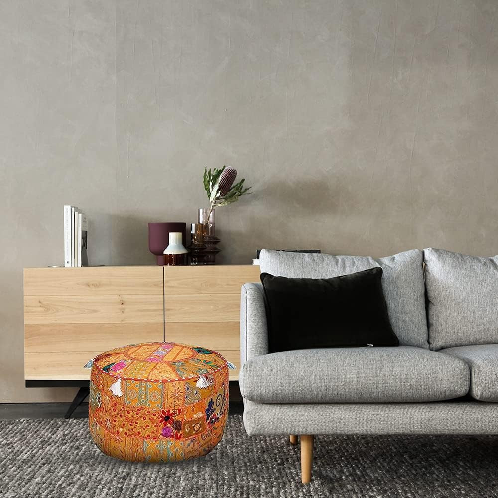 Indian Pouf Footstool Ethnic Embroidered Pouf Cover, Indian Cotton round Pouffe Ottoman Pouf Cover Pillow Ethnic Decor Art - Cover Only (Orange, 22X14)