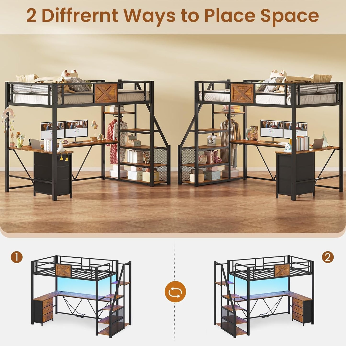 Stairway Twin Size Loft Bed with L Shaped Desk and Wardrobe, Metal Loft Bed Frame with Storage Stairs, 3 Fabric Drawers, LED Lights & Charging Sation, Rustic Brown