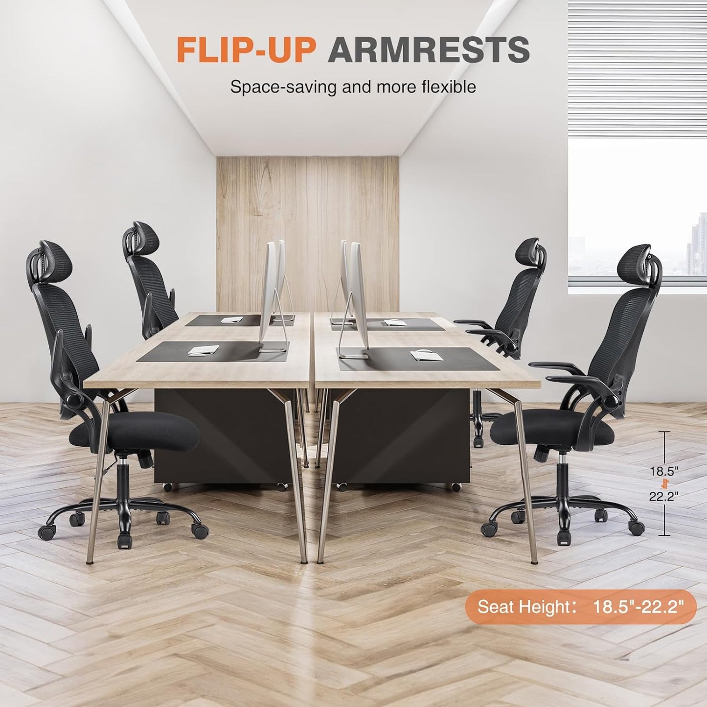 Office Computer Desk Chair, Ergonomic High-Back Mesh Rolling Work Chairs with Wheels and Adjustable Headrests, Comfortable Lumbar Support, Comfy Flip-Up Arms for Home, Bedroom, Study,Black