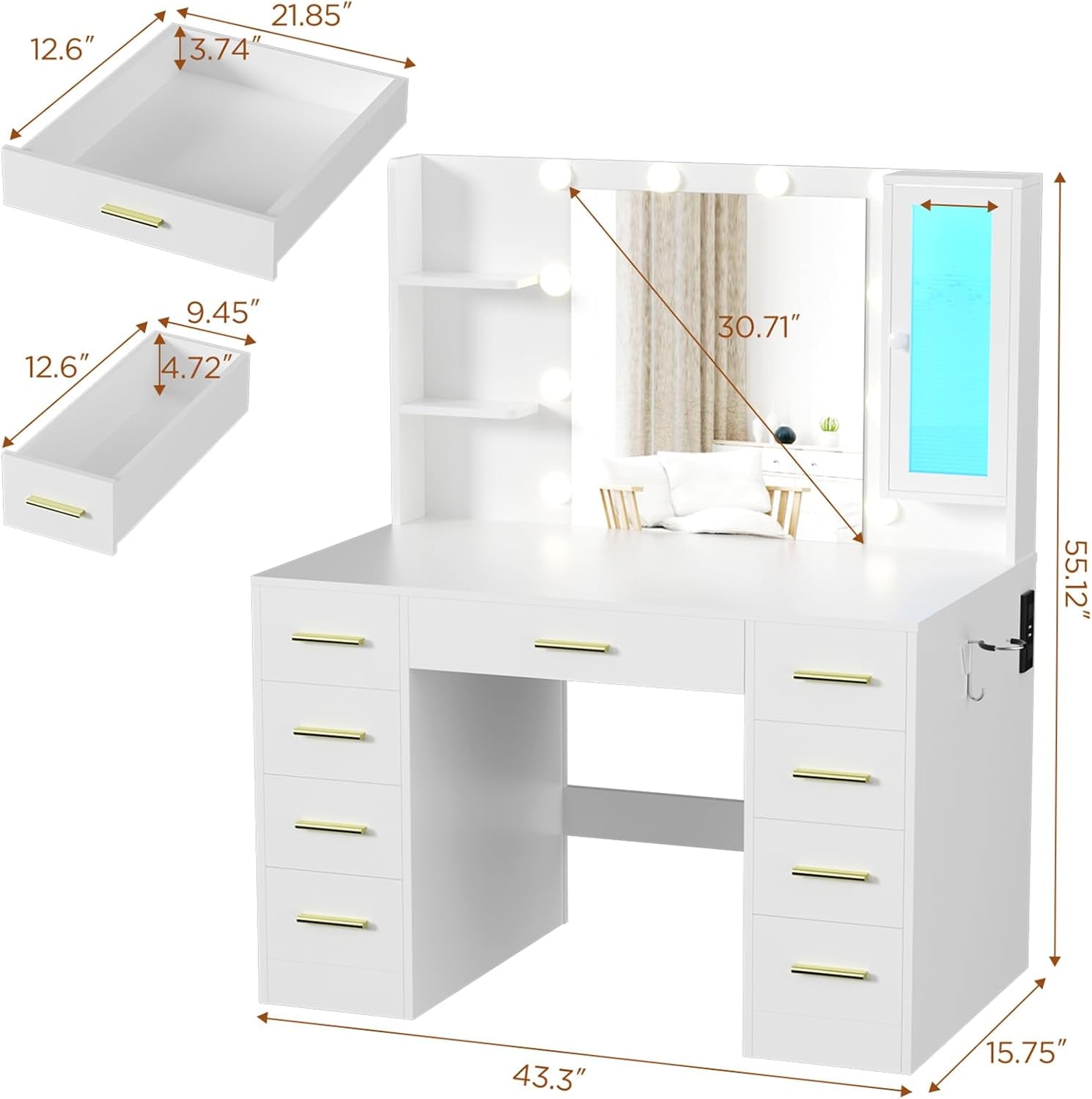 Vanity Desk with Mirror and Lights, 43" Large Makeup Dressing Table with 9 Drawers & 3 Shelves, RGB LED Lighting & Power Outlet, White and Gold