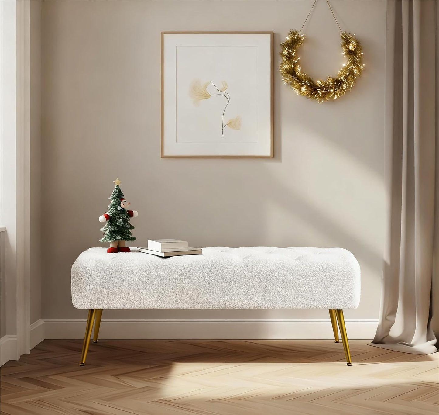 Modern Ottoman Bench Boucle Bench Upholstered Footrest for Living Room with Gold Metal Legs and Padded Seat Ivory