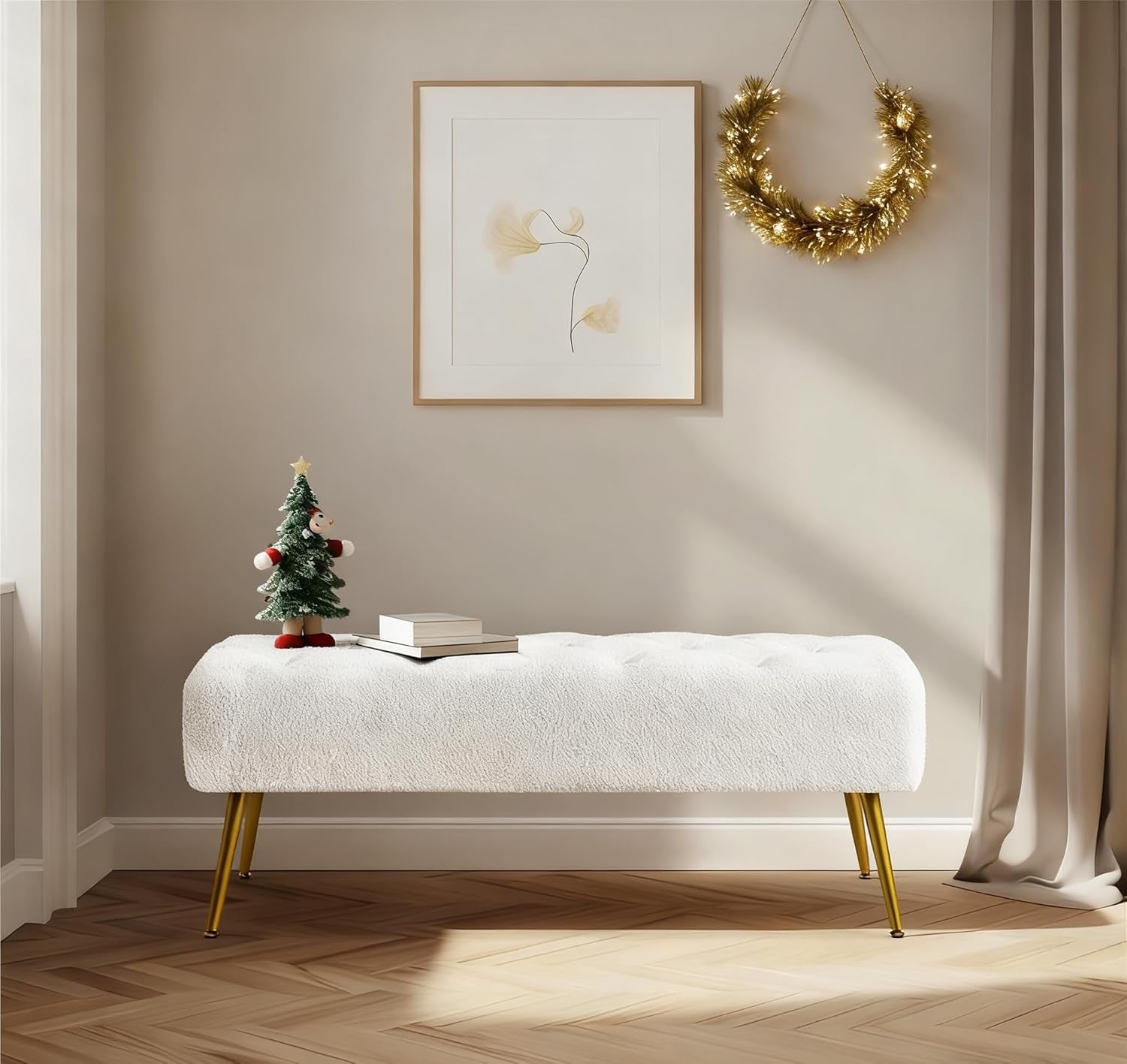 Modern Ottoman Bench Boucle Bench Upholstered Footrest for Living Room with Gold Metal Legs and Padded Seat Ivory