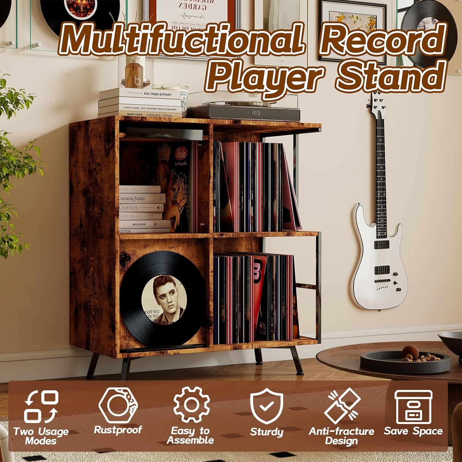 3 Tier Record Player Stand, Flip Top Record Player Cabinet, Mid Century Record Player Table with Shelves Holds up to 300+ Albums, Vinyl Record Storage with 4 U-Dividers for Living Room Bedroom, Brown