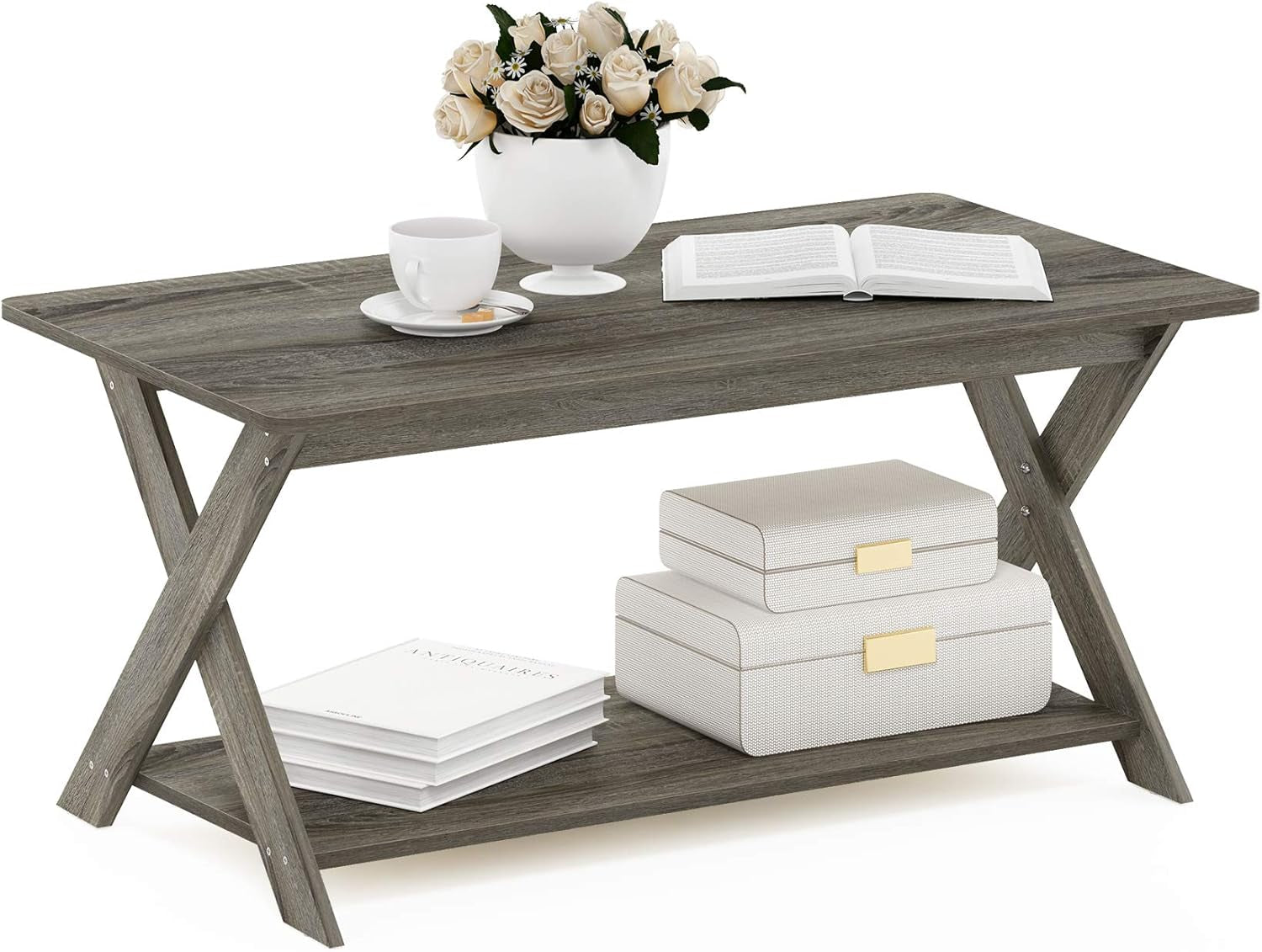 Modern Simplistic Criss-Crossed Coffee Table, 35.4 in X 19.6 in X 16 In, French Oak Grey